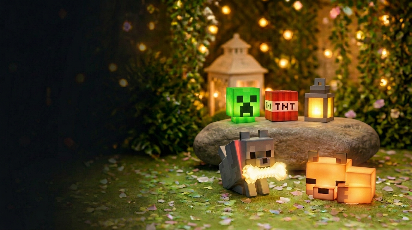 Luminárias Minecraft: creeper, TNT, lanterna, lobo e raposa