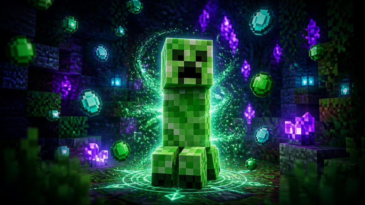Creeper cercado de partículas mágicas e gemas